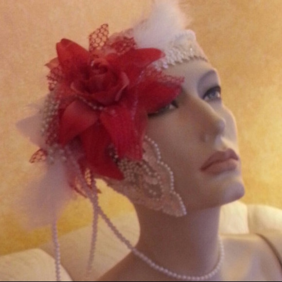 Gatsby Red & White Pearl Beaded Wedding Headpiece
